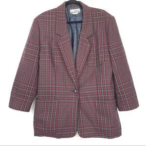 Vintage Women’s Wool-Blend Single Button Blazer Red & Green Plaid Size 14